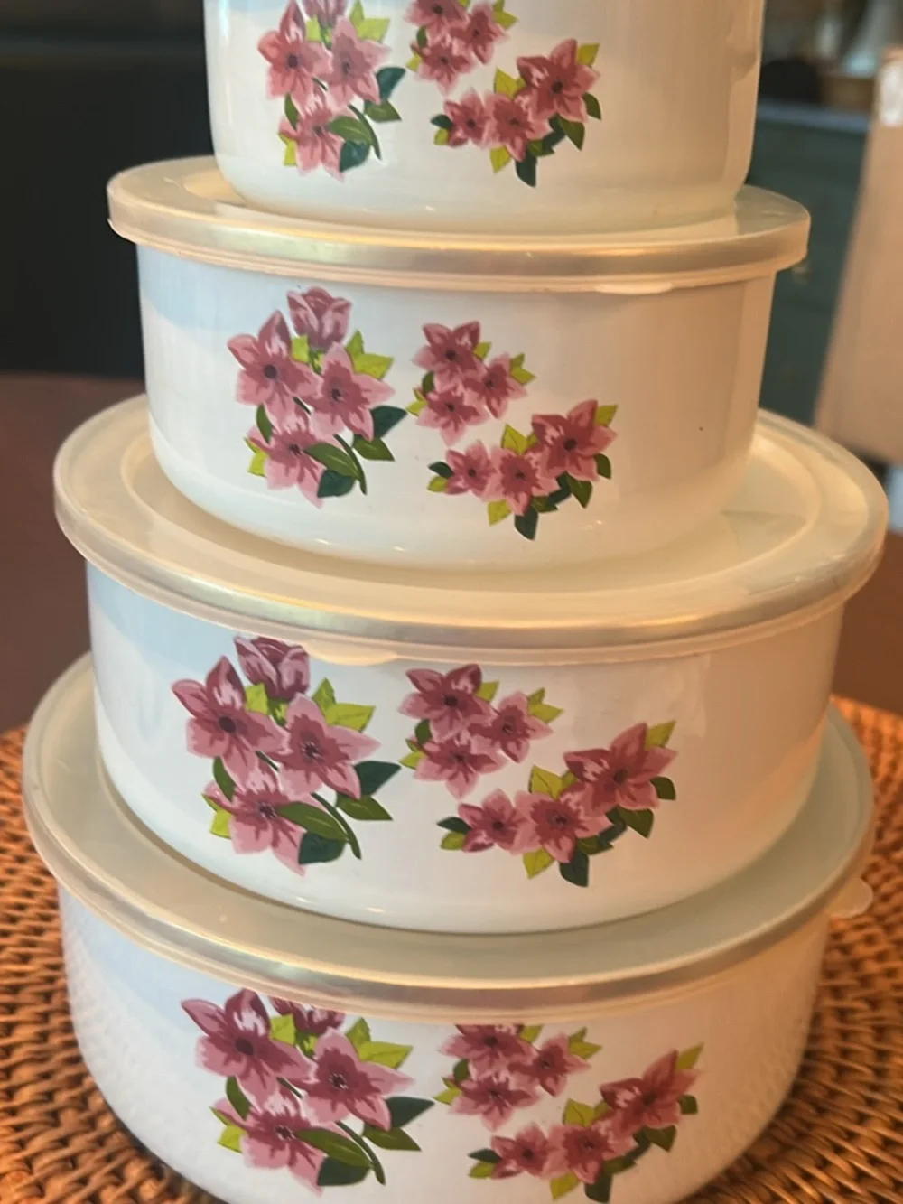 Stackable White Floral Storage Bowls with Lids -  enamel finish see callout pic